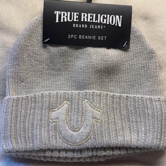 True Religion Set of Two Men's Beanie Black and Tan Hats NEW! - Picture 2 of 3